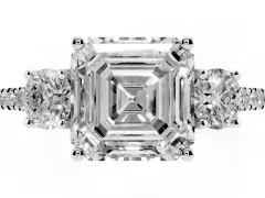 Asscher Cut Diamond Three-Stone Ring Set in Platinum with Pavé Band and Graduated Sides