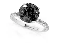 Fancy Black Round Cut Diamond Solitaire Engagement Ring Set in White gold with Round Pavé Band and Prong Setting