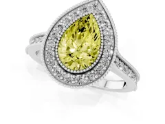 Fancy Yellow Pear Cut Diamond Halo Milgrain Pavé Band Ring Set in White gold with Prong Setting