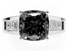 Fancy Black Cushion Cut Diamond Solitaire Ring Set in Platinum with Channel-Set Accent Stones and Prong Setting