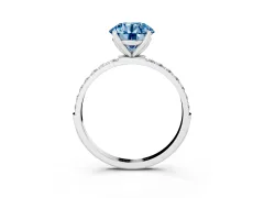Fancy Blue Round Cut Diamond Solitaire Engagement Ring Set in White gold with Round Pavé Band and Prong Setting