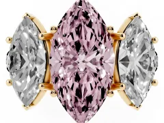 Fancy Pink Marquise Cut Diamond Three-Stone Ring Set in Yellow gold with Pavé Band