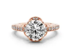 Round Cut Diamond Halo Ring Set in Rose gold with Channel Set Band and Prong Setting