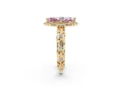 Fancy Pink Marquise Cut Diamond Halo Ring Set in Yellow gold with Filigree Leaf Band and Prong Setting