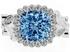 Fancy Blue Cushion Cut Diamond Halo Ring Set in White gold with Leaf Motif Split Shank and Prong Setting