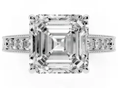 Asscher Cut Diamond Solitaire Pavé Milgrain Engagement Ring Set in Silver with Prong Setting