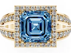 Fancy Blue Asscher Cut Diamond Halo Ring Set in Yellow gold with Double Pavé Split Shank