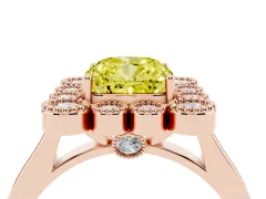 Fancy Yellow Cushion Cut Diamond Cluster Halo Ring Set in Rose gold with Milgrain Bezel Accents and Plain Band