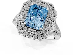 Fancy Blue Radiant Cut Diamond Double Halo Ring Set in Platinum with Pavé Split Shank and Prong Setting