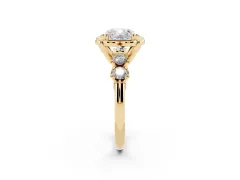 Cushion Cut Diamond Floral Halo Ring Set in Yellow gold with Shared Prong Band