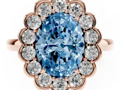 Fancy Blue Oval Cut Diamond Halo Cluster Engagement Ring Set in Rose gold with Solitaire Band and Prong Setting