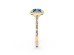 Fancy Blue Asscher Cut Diamond Halo Engagement Ring Set in Yellow gold with Round Pavé Shoulders and Heart Gallery
