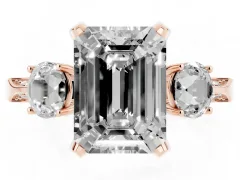 Fancy Black Emerald Cut Diamond Three-Stone Ring Set in Rose gold with Pavé Band and Smaller Side Stones