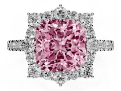 Fancy Pink Cushion Cut Diamond Halo Ring Set in White gold with Pavé Band and Prong Setting