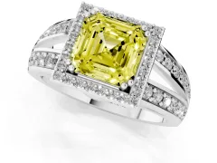 Fancy Yellow Asscher Cut Diamond Halo Ring Set in Silver with Double Pavé Split Shank