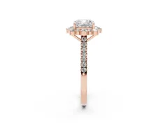 Cushion Cut Diamond Halo Ring Set in Rose gold with Pavé Band and Prong Setting