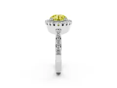 Fancy Yellow Round Cut Diamond Halo Ring Set in Platinum with Pavé Shank and Prong Setting