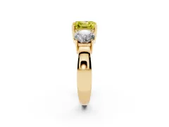 Fancy Yellow Asscher Cut Diamond Three-Stone Ring Set in Yellow gold with Round Side Stones and Classic Band