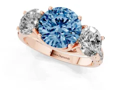Fancy Blue Round Cut Diamond Three-Stone Ring Set in Rose gold with Pavé Band