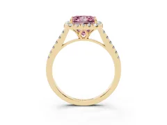 Fancy Pink Princess Cut Diamond Pavé Halo Engagement Ring Set in Yellow gold with Pavé Band and Prong Setting