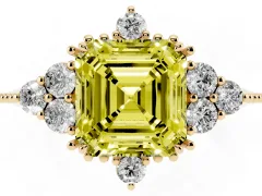 Fancy Yellow Asscher Cut Diamond Cluster Ring Set in Yellow gold with Beaded Band