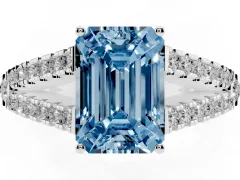 Fancy Blue Emerald Cut Diamond Split Shank Pavé Engagement Ring Set in Silver with Prong-Held Center Stone