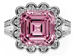Fancy Pink Asscher Cut Diamond Floral Halo Split Shank Engagement Ring Set in Platinum with Pavé Shank
