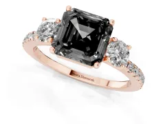 Fancy Black Asscher Cut Diamond Three-Stone Ring Set in Rose gold with Pavé Band and Graduated Sides