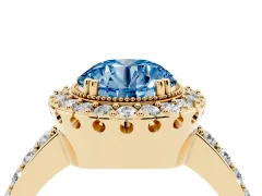 Fancy Blue Round Cut Diamond Halo Ring Set in Yellow gold with Pavé Shank and Prong Setting