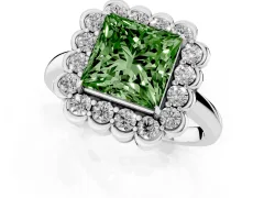 Fancy Green Princess Cut Diamond Halo Cluster Engagement Ring Set in Platinum with Solitaire Band and Prong Setting