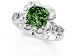 Fancy Green Cushion Cut Diamond Floral Halo Ring Set in White gold with Shared Prong Band