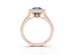 Fancy Blue Radiant Cut Diamond Halo Milgrain Pavé Band Ring Set in Rose gold with Prong Setting
