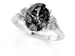 Fancy Black Oval Cut Diamond Cluster Ring Set in Silver with Plain Band and Prong Setting
