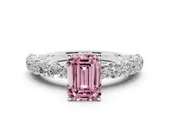 Fancy Pink Emerald Cut Diamond Solitaire Ring Set in White gold with Shared Prong Pavé Band