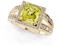 Fancy Yellow Asscher Cut Diamond Halo Ring Set in Yellow gold with Double Pavé Split Shank