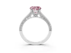 Fancy Pink Heart Cut Diamond Solitaire Ring Set in White gold with Milgrain-Edged Pavé Band and Prong Setting