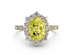Fancy Yellow Oval Cut Diamond Halo Ring Set in Yellow gold with Pavé Band and Prong Setting