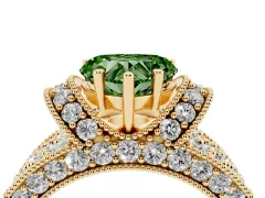 Fancy Green Heart Cut Diamond Milgrain Halo Pavé Engagement Ring Set in Yellow gold with Prong Setting