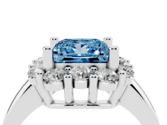 Fancy Blue Princess Cut Diamond Halo Cluster Engagement Ring Set in White gold with Polished Band and Prong Setting