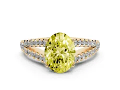 Fancy Yellow Oval Cut Diamond Split Shank Pavé Engagement Ring Set in Yellow gold with Prong-Held Center Stone