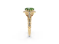 Fancy Green Oval Cut Diamond Solitaire Ring Set in Yellow gold with Hidden Halo and Pavé Band
