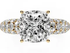 Cushion Cut Diamond Pavé Band Solitaire Ring Set in Yellow gold with Close-Set Accent Stones and Prong Setting
