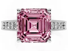 Fancy Pink Asscher Cut Diamond Solitaire Pavé Milgrain Engagement Ring Set in White gold with Prong Setting