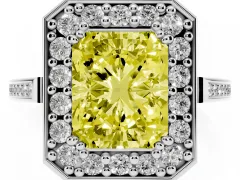 Fancy Yellow Radiant Cut Diamond Halo Ring Set in White gold with Accent-Lined Split Shank and Prong Setting