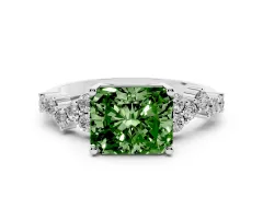 Fancy Green Radiant Cut Diamond Ring Set in Platinum with Scattered Round Accents