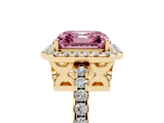 Fancy Pink Asscher Cut Diamond Halo Ring Set in Yellow gold with Pavé Shoulders and Halo-Framed Center
