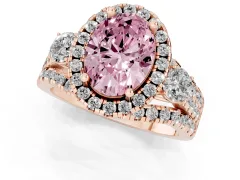 Fancy Pink Oval Cut Diamond Halo Split Shank Ring Set in Rose gold with Round Accent Stones and Prong Setting