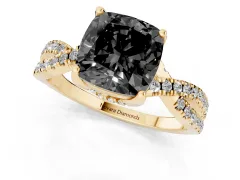 Fancy Black Cushion Cut Diamond Twist Pavé Solitaire Engagement Ring Set in Yellow gold with Prong Setting