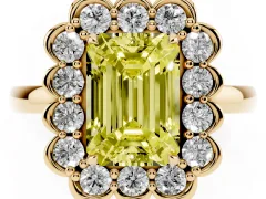 Fancy Yellow Emerald Cut Diamond Halo Cluster Engagement Ring Set in Yellow gold with Solitaire Band and Prong Setting