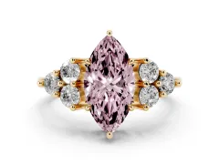 Fancy Pink Marquise Cut Diamond Solitaire Ring Set in Yellow gold with Cluster Accents on Each Side